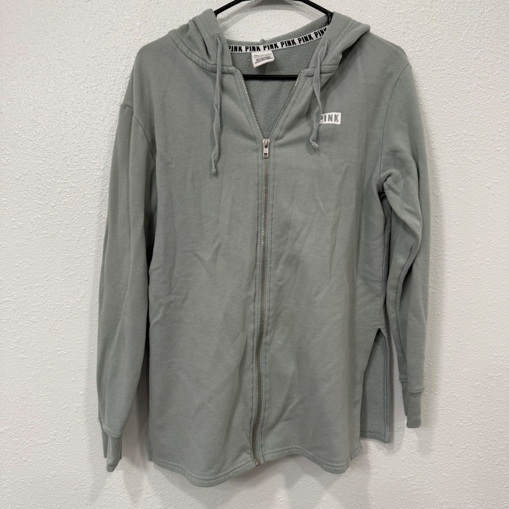 PINK Victoria's Secret Green Full Zip‎ Hoodie Sweatshirt Side Slits XS